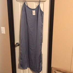 Light blue silk spaghetti strap slip midi dress